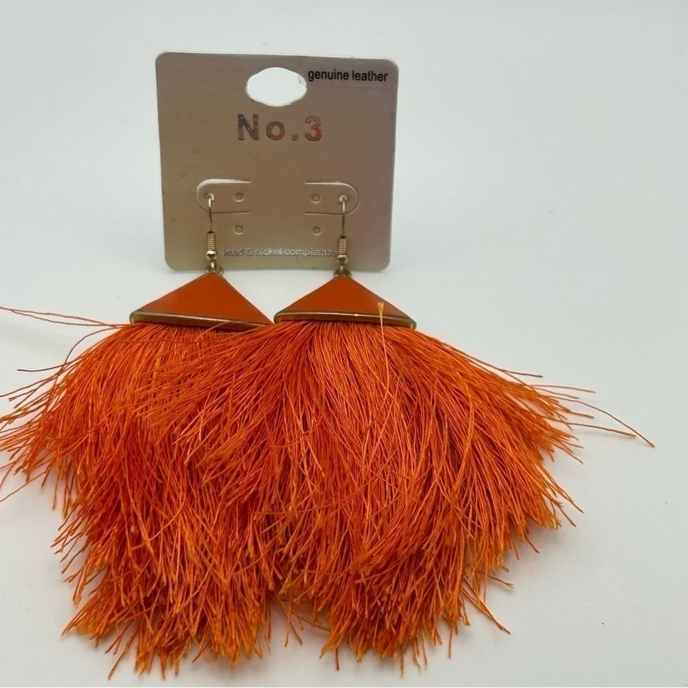 No. 3 Orange Genuine Leather Dangle Large Tassel Earrings Gold Tone Hook